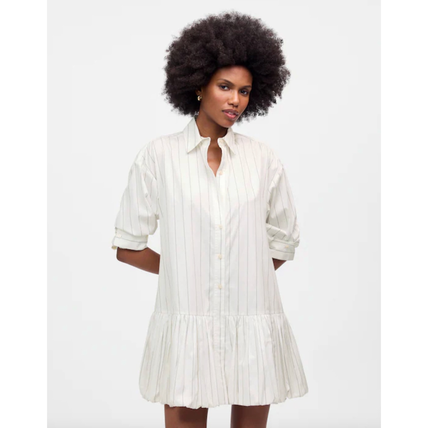 Madewell Bubble Hem Mini Shirtdress Pinstripe Poplin Cotton White Large Nwt